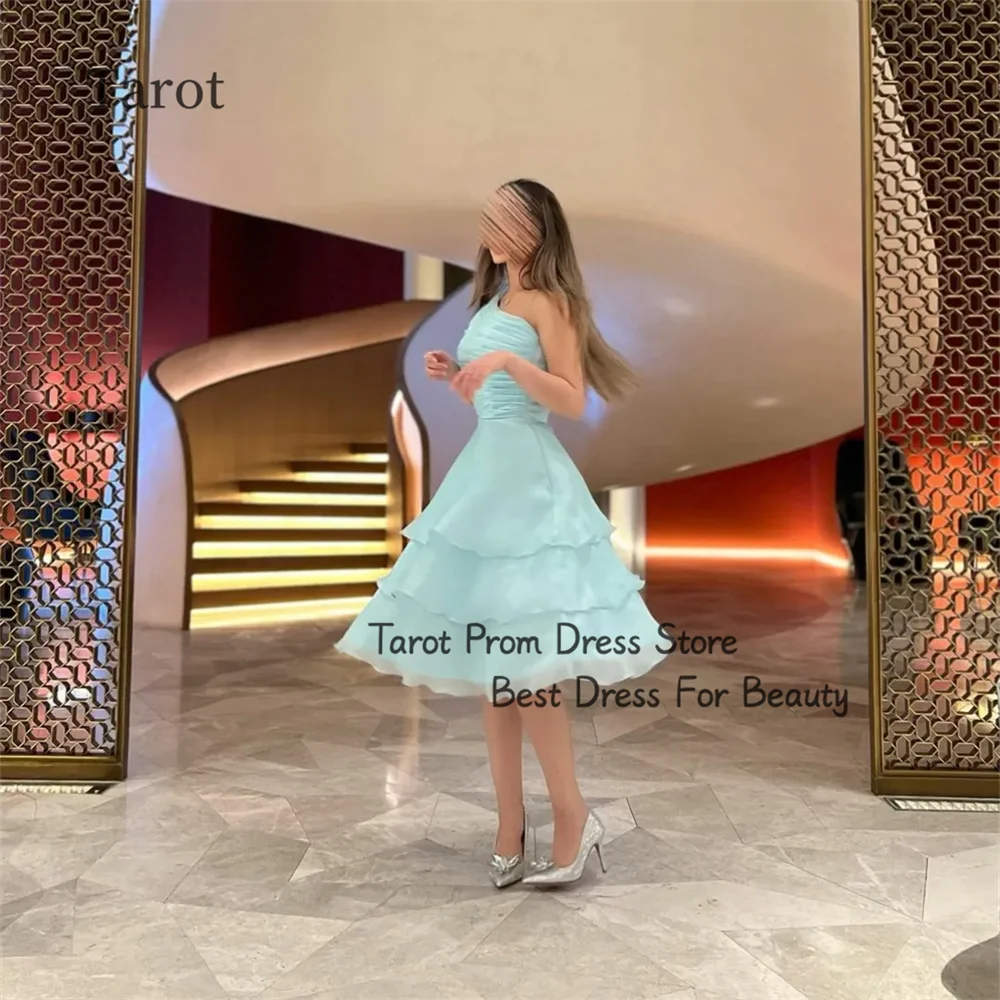 Tarot A Line One Shoulder Prom Dresses Organza Sleeveless Elegant Evening Dress Knee Length Tiered Back Strap Holiday Gonws