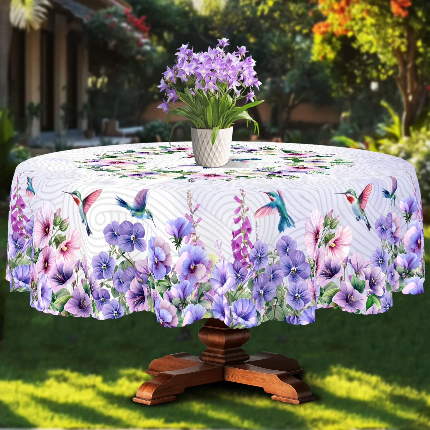 1 Piece, Purple Morning Glory Hummingbird Tablecloth + 4 Tablecloth Stickers, Morning Glory and Hummingbird Pattern Design, Holiday Table Decoration Cloth, Round/Rectangular Tablecloth, Suitable for Home Decoration, Room Decoration, Party Holiday Decoration - Perfect Gift-Oo-011