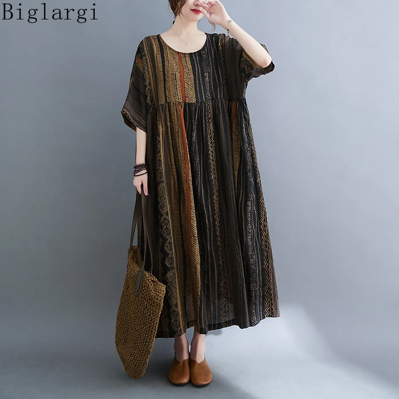 Oversized Striped Summer Dress Women Big Size Beach Casual Ladies Dresses Korean Vintage Cotton Woman Womens Flower Dress 2023