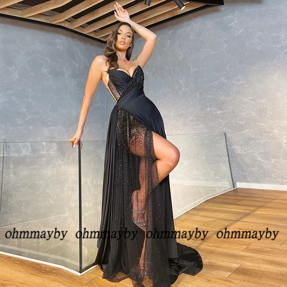 Korsett Spaghetti Strap Schwarz Falte Hohe Schlitz Asymmetrische Prom Kleider Benutzerdefinierte Perlen Pailletten Frauen Kleid Vestidos De Fiesta Neue – Detail 7