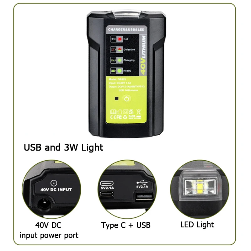 3W LED Work Light Battery Adapter For Ryobi 40V Lithium-Ion Battery Charger with USB Port Type-C Output Converter OP4015/OP4026