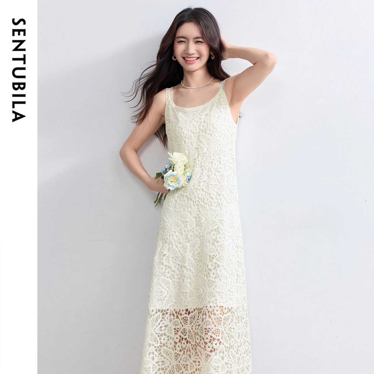 

SENTUBILA Boho Slip Dress Women Summer Tassel Sleeveless Sundress 2025 New Collection White Elegant Lace Long Dresses Q52LD0165