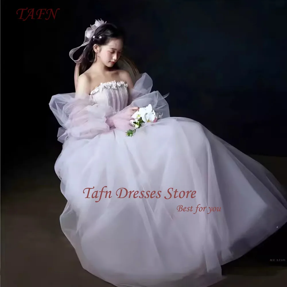 

TAFN Lavender Korea Wedding Dresses Strapless Detachable Sleeves A-line Ball Gown Floor-Length Tulle Bridal Gown Photo Shoot