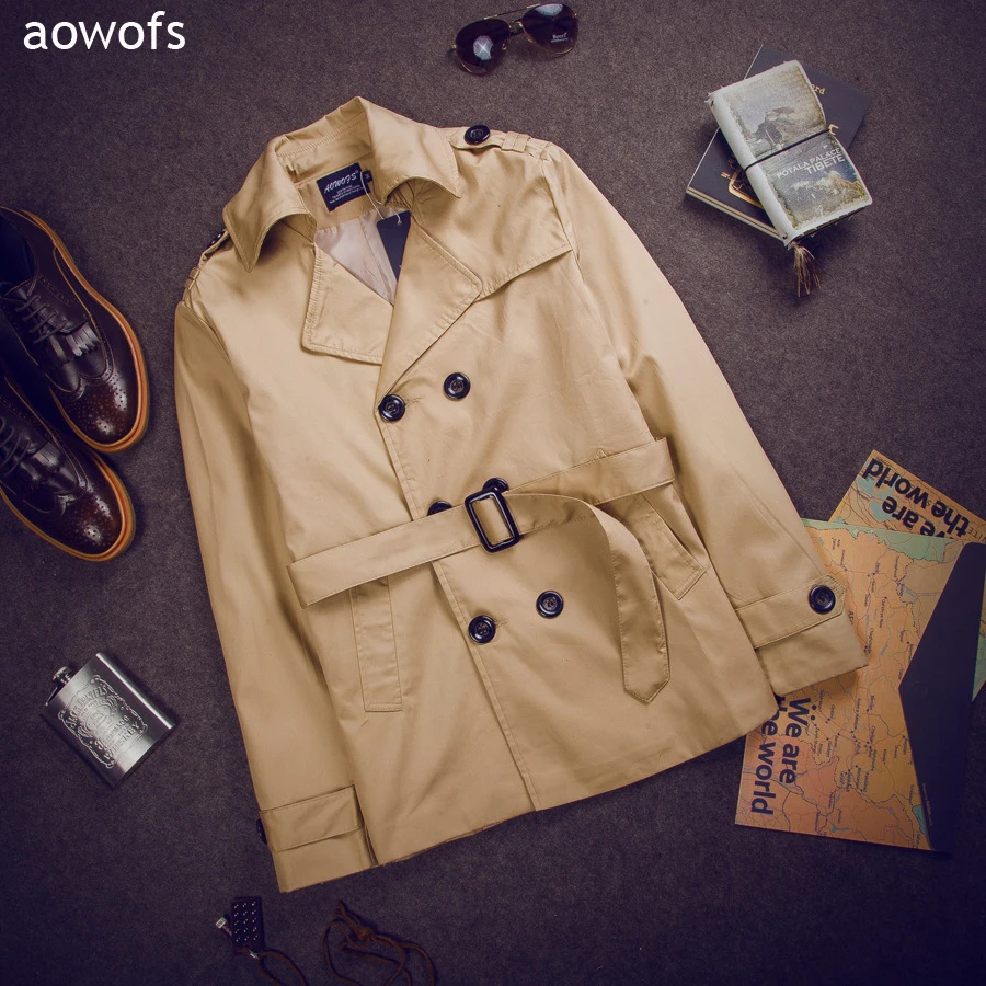 Fashion 2022 Aowofs Men Casual Double-breasted Trench Overcoat Long Cotton Quality Jacket Gentleman Windbreaker With Belt Trench