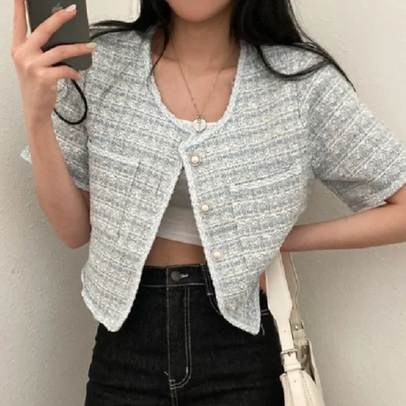 

Chic Summer Simple Elegance round Ne Loose Pearl Single Button Double ket Thi Tweed ort Coat Korean Sle Commute