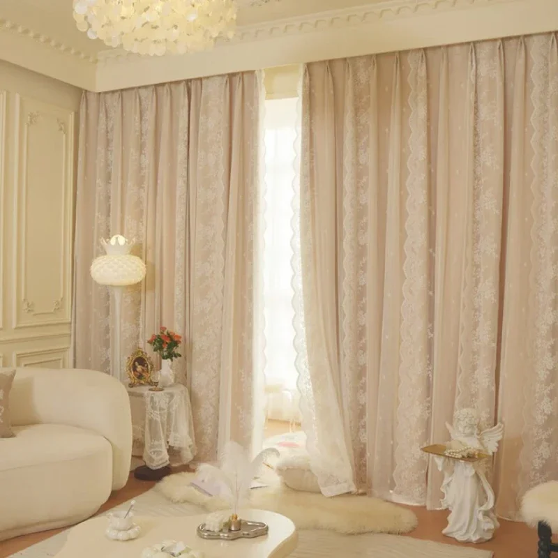 Double curtains with yarn French double-layer blackout cloth yarn integrated princess wind lace finished high blackout bedroom