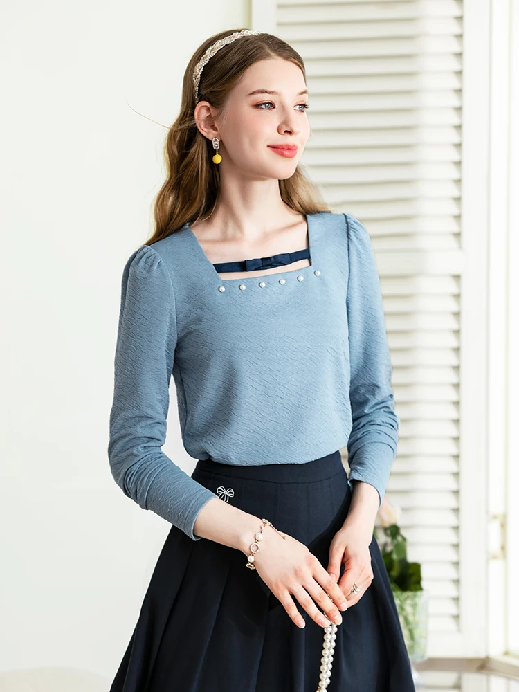 I BELIEVE YOU French Knitted T-shirts Autumn Embroidered Flares Square Collar Long Sleeve Tops Chic Clothes for Women 2223234806