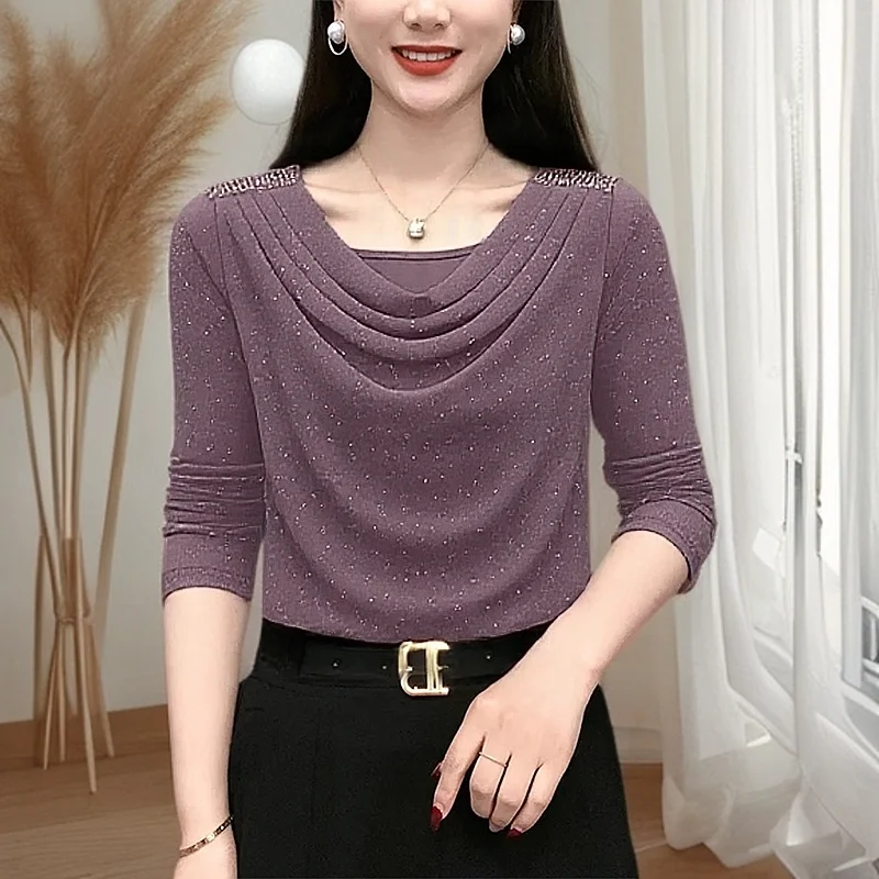 Pile Collar Versatile Gauze Solid Color Long-sleeved Women's T-shirt Diamond-studded Pullover Slim Fit Top