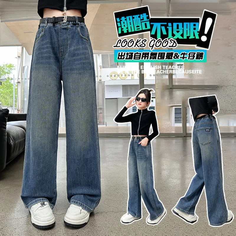 

Girl's Denim Pants Vintage Washing Wide Leg Loose Jeans Casual Straight American Simple Style Kid Trousers With Black Belt 4-14Y