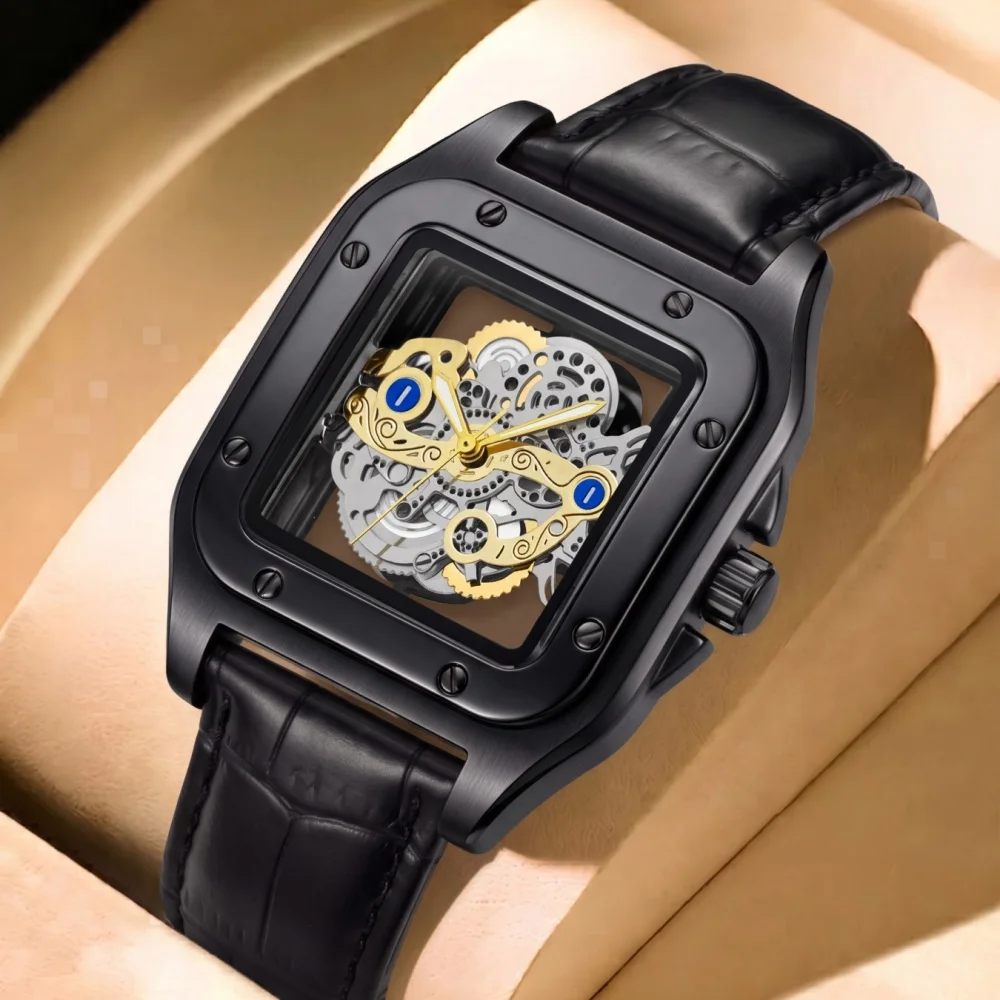 Trendy Square Men's Quartz Watch, Hollow-Out Transparent Dial Design, Comfortable Leather Strap, Stylish and Luxurious Men's Wristwatch, Daily Waterproof, Suitable for Business Formal Wear and Casual Outfits, Classic Punk Men's Personalized Wristwatch, Suitable for Daily Use, Parties, and as a Gift for Men