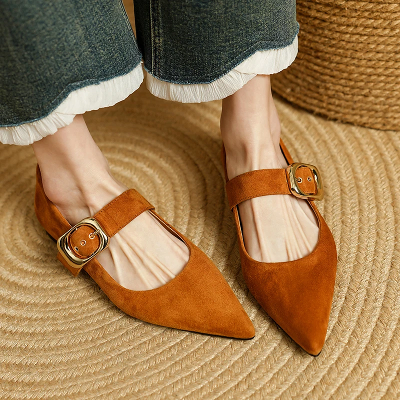 

Woman Flats Simple Shoes Retro Flats Pointed Toe Ladies High Quality Sheepsuede Spring Autumn Handmade Vintage Shoes Low Heels