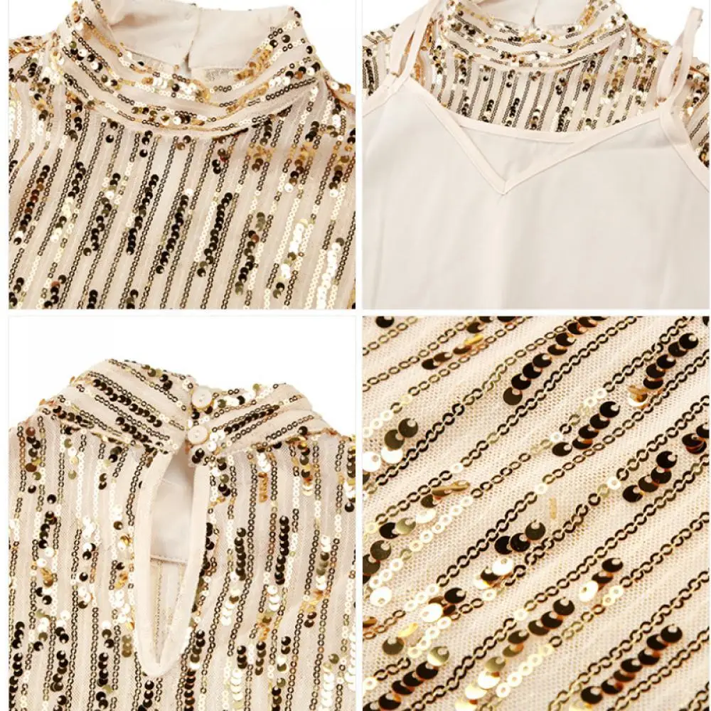 Spring Women Mesh Tops Brand Blouse Handcrafted Sequin Blingbling Striped Golden Luxury Shirts Long Sleeve Stand Collar