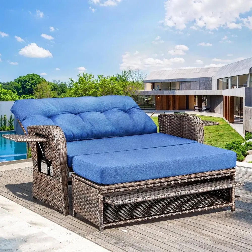 

Patio Rattan Daybed, Wicker Recliner Loveseat or Two with Multiunctional Recliner and Stowable Side Tray, 5 Level Adjustable Bac