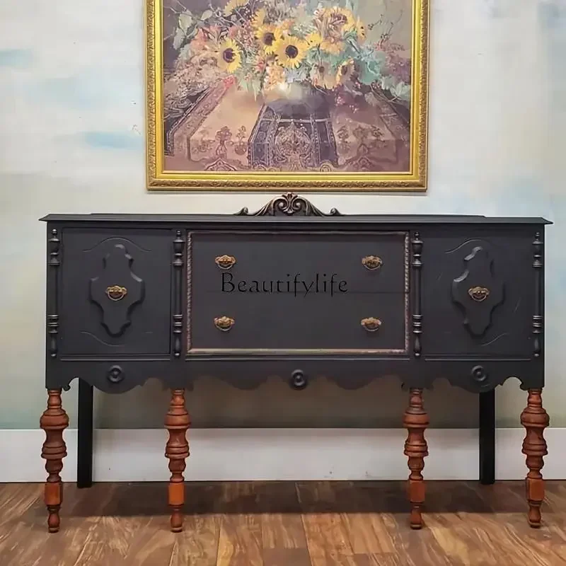 LJYFrench Style Entryway Cabinet Vintage Decor European Solid Wood Carved Hallway Storage Sideboard Wall-Mounted Sideboard