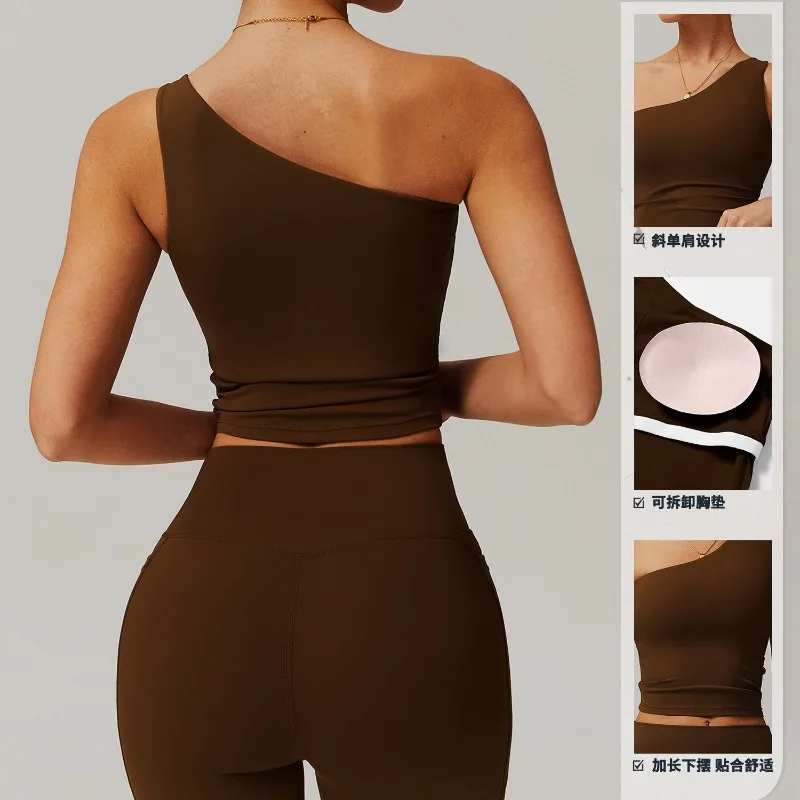Women Cloud Feel One-Shoulder Yoga Tank Top with Built-in Bra Quick Dry Sports Bra Fitness Top
