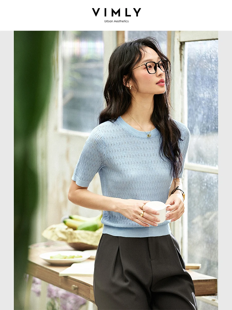 

‌VIMLY Solid Causal Pullovers Hollow Out Knitted T-shirt 2025 Summer Women's Crew Neck Woman Clothing 75013