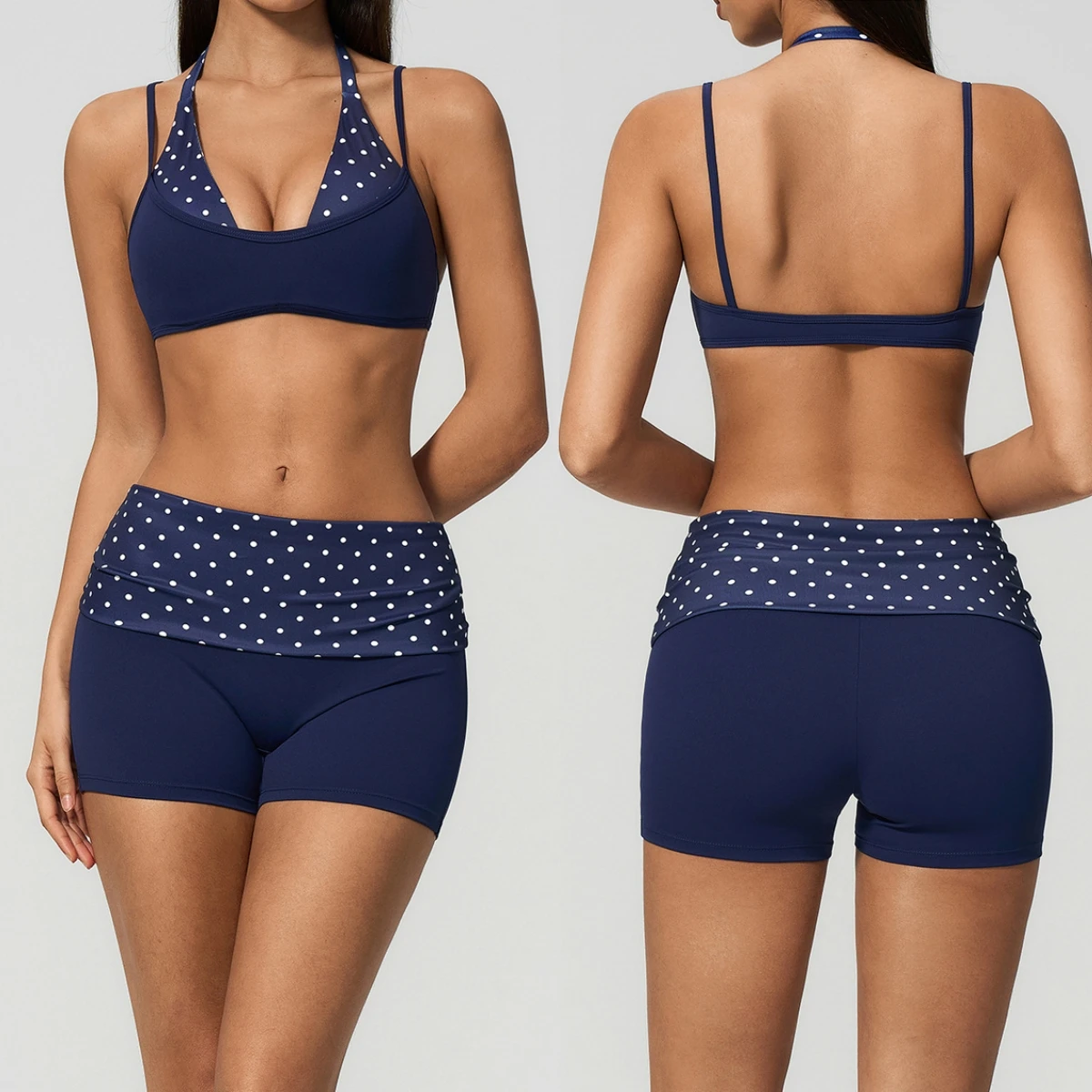 Women 2 Piece Fitness Outfit Mock Two-Piece Halter Polka Dot Sports Bra Fold Over Waist Shorts Yoga Set Workout Pilates Outfit