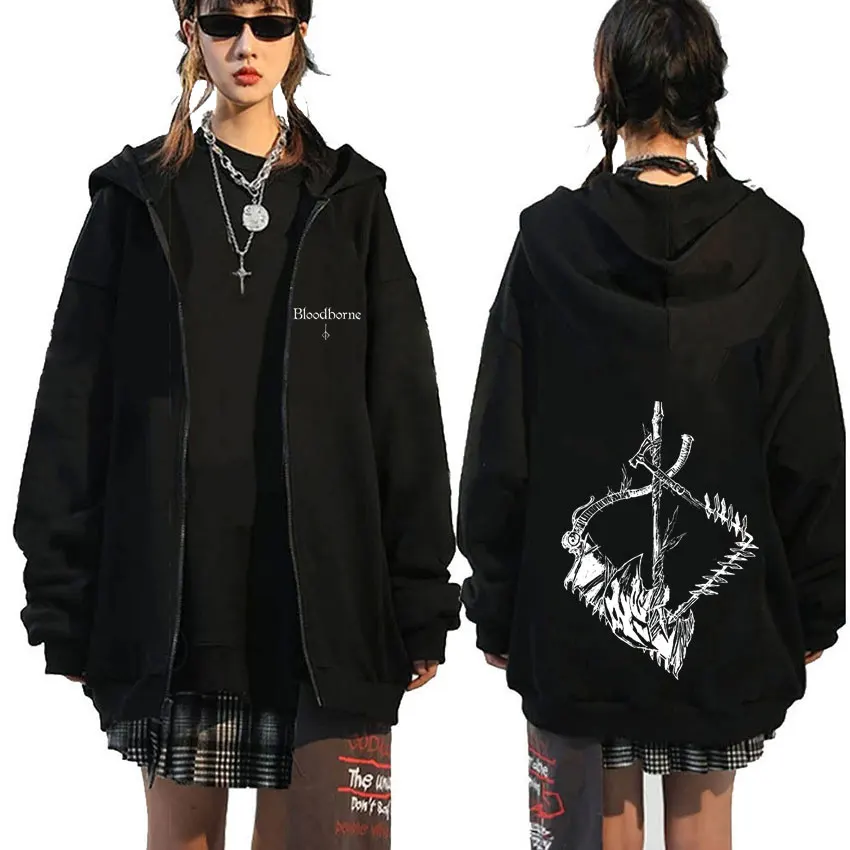 

Hot Sale Game Bloodborne Graphic Zipper Hoodie Horror Hunter Cosplay Zip Up Jacket Men Women Casual Oversized Zip Up Sweatshirt