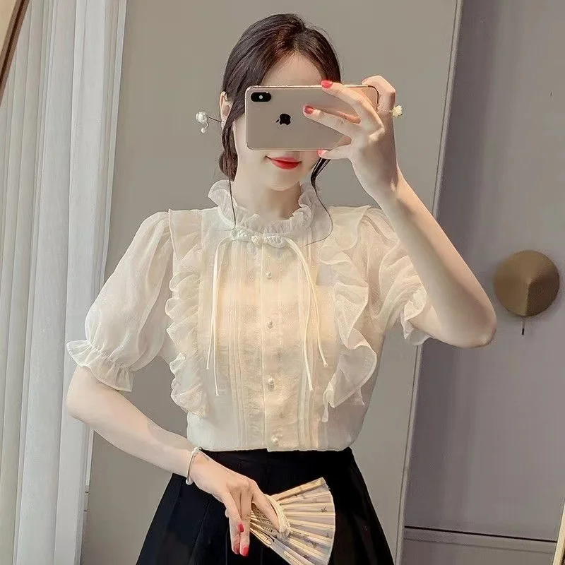 New Chinese Button French Ruffled Lace Gentle Chiffon Shirt 2024 Summer Fashion Temperament New Design Small Shirt Stylish Top