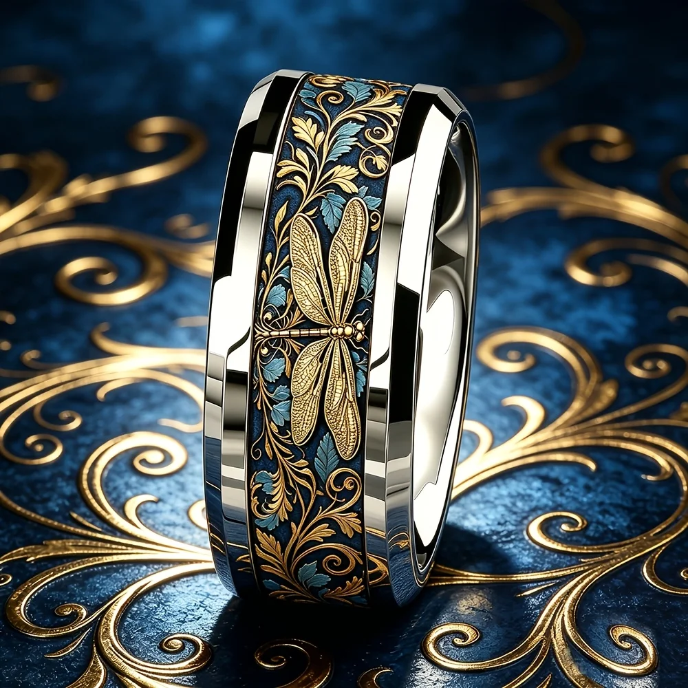 Vintage Court-Style Dragonfly Inlay Ring Boho Baroque Floral Stainless Steel Rings for Men Women Wedding Party Jewelry Gift