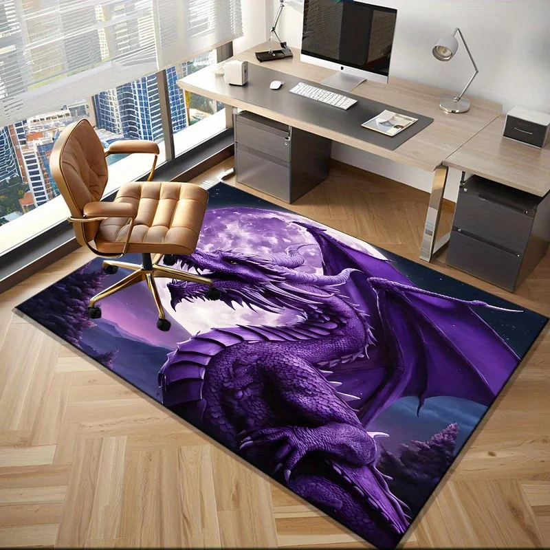 Majestic Purple Dragon Rug for Gaming Room Setup - Fantasy Art Decor, Large Size Carpets for Desk Chairs