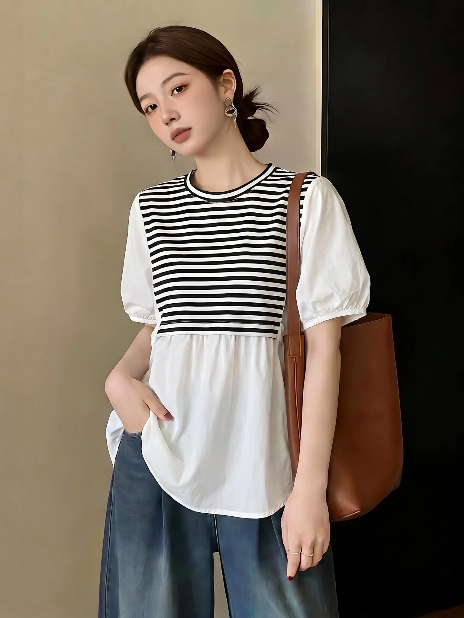 Summer New plus Size Women's Striped Patchwork Short Sleeve Shirt Shoulder Length Korean Style Commute Wind Loose Fit Top