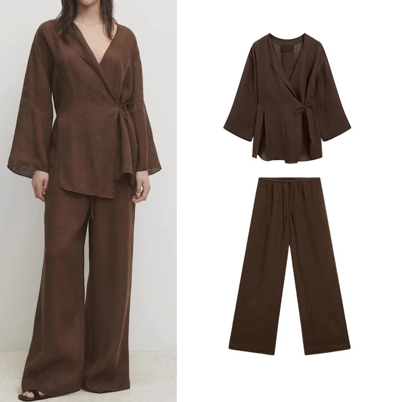 Women's Mixed Media Kimono Jacket Brown Draped Wide Leg Pants Set Casual Style Four Seasons Collection Elegant Fashionable