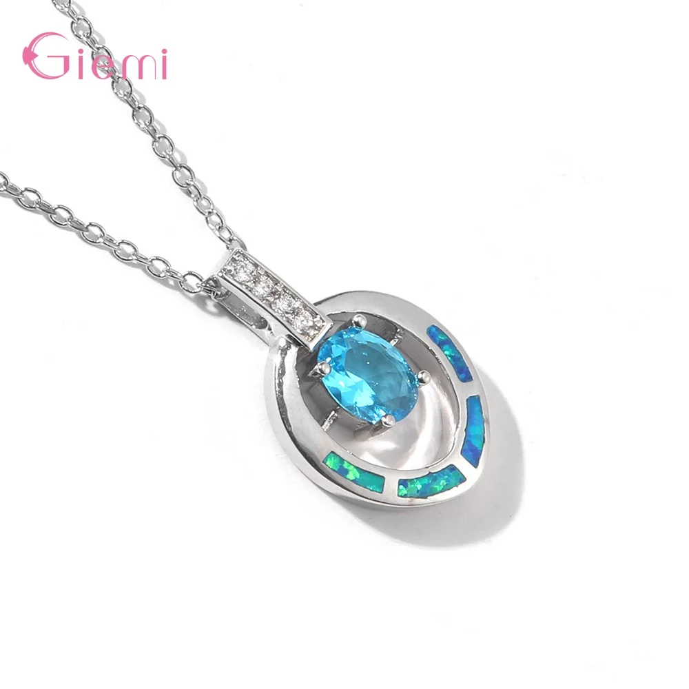 New Arrivals 925 Stering Silver Elegant Fancy Light Blue Crystal Love Heart Oval Pendant Necklace For Woman Girls Nice Gift