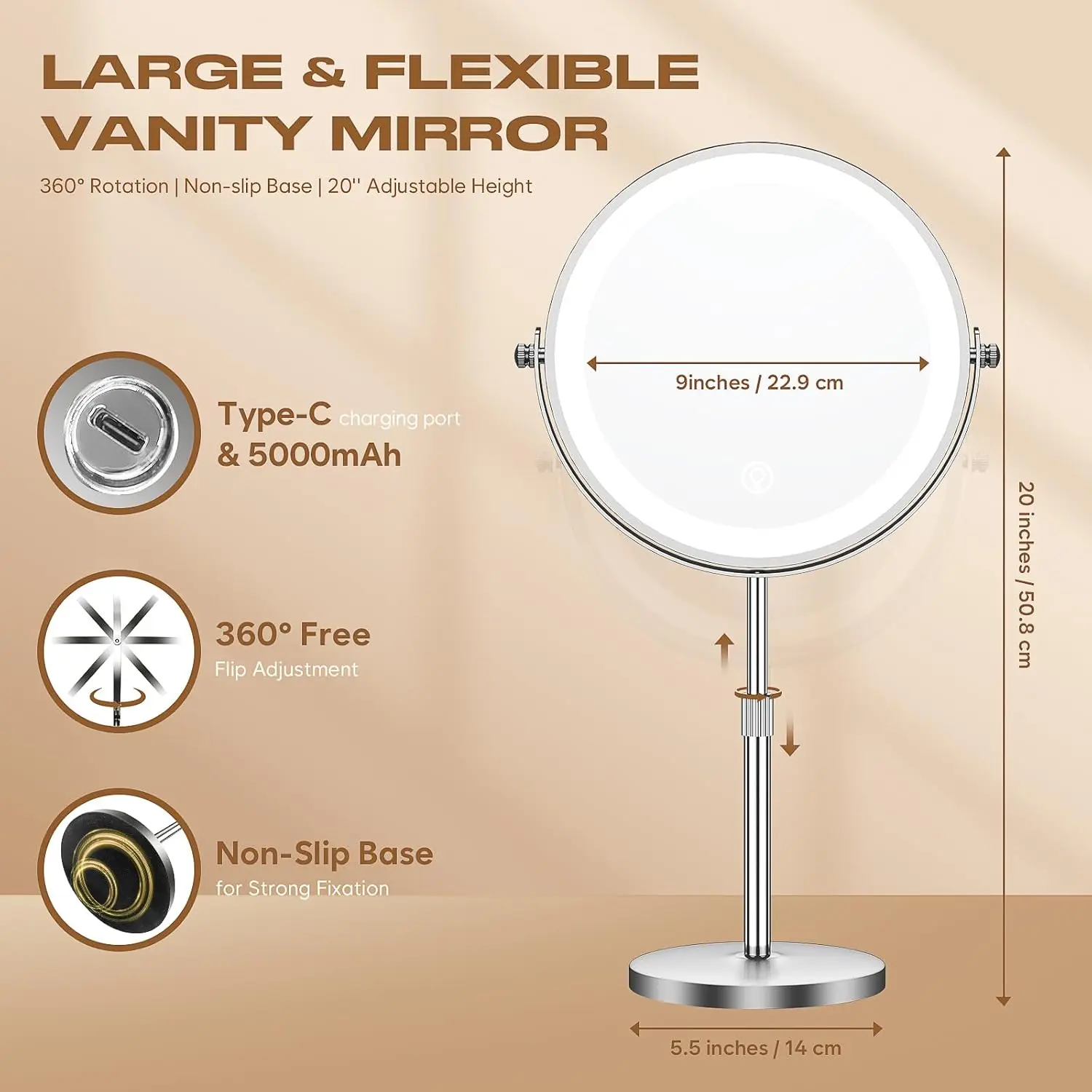 1x/20x360 ° 밝기와 확대 기능이 조절 가능한 회전식 화장 거울, 5000mAh 충전식 양면 거울