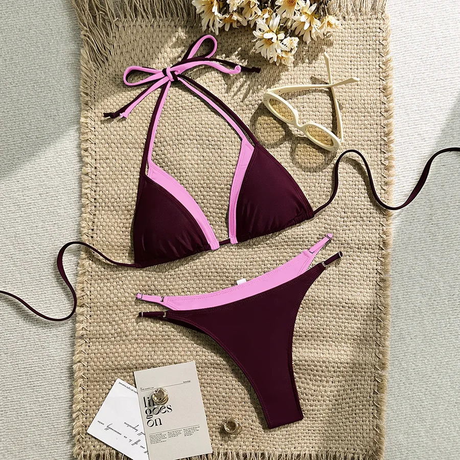 2 Piece Contrast Color Bikinis Set Women Inner Lining Double Edge Trim Adjustable Halter String Triangle High Cut Swimwear 2026