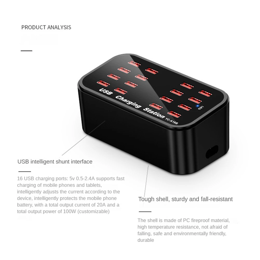 자동차 헤드폰용 USB 충전 스테이션, 다중 장치, 노트북 스마트폰용 USB 충전기, 미국 플러그, 16 포트