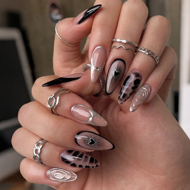 

24PCS Spice Girls Fake Nails Dark Black Marble Pattern French Sweet Cool Silver Heart Star False Nails for Women Removable Nails