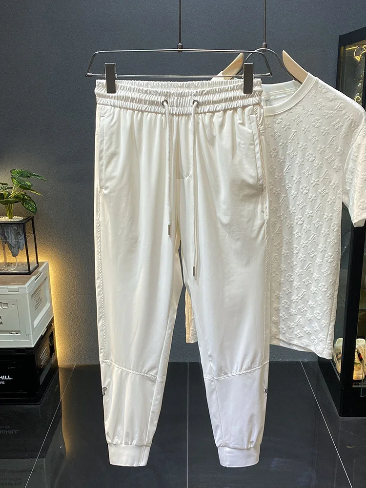 Summer Thin and Soft Breathable Casual Pants Men White Ankle-Tied Fashion Brand Slim Fit Sports Cropped Quick-Drying Pants