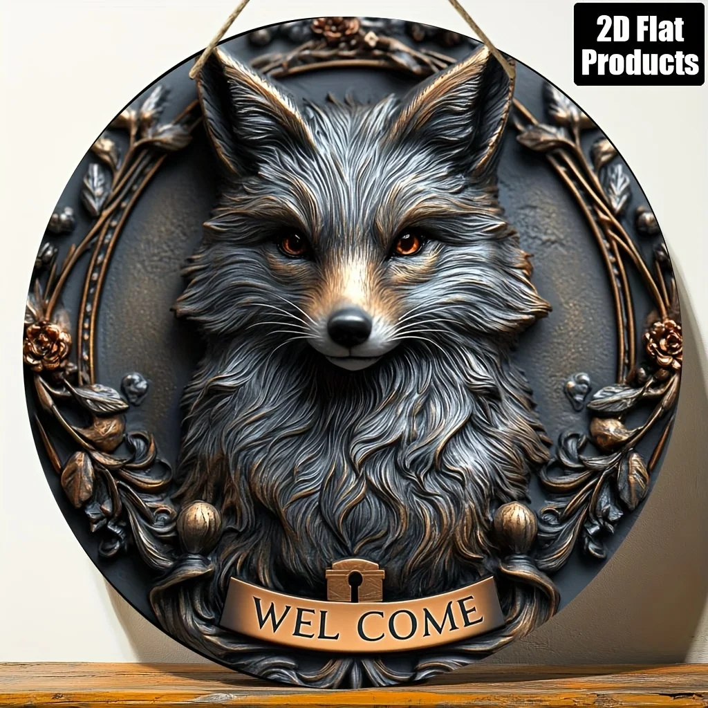 2D Vintage Metallschild, Runde Holz-Wanddekoration mit Fuchs-Motiv, Schild mit Filigraner Gravur im Rustikalen Stil für Zuhause, Büro, Bar, Café