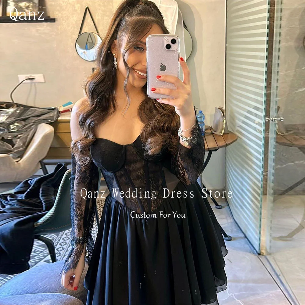 

Qanz Short Chiffon Long Sleeves Prom Dresses Luxury Black Lace Sweetheart Party Dress Customized Corset Robe De Soiree Femmes