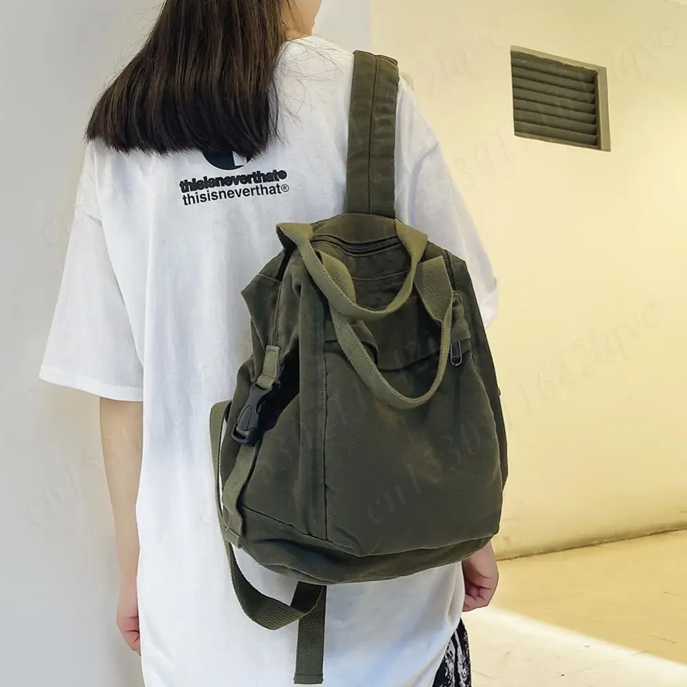 Ransel Perjalanan Kanvas Vintage Kasual Daypack Warna Solid Tas Sekolah Hippie Ransel Wanita Kasual Tas Komuter Estetik
