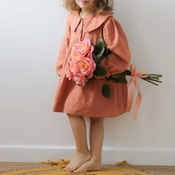 Autumn Girls Doll Collar Cotton Linen Dress 2024 New Chic Retro Loose Long-Sleeved Baby Girl Casual Party Dresses