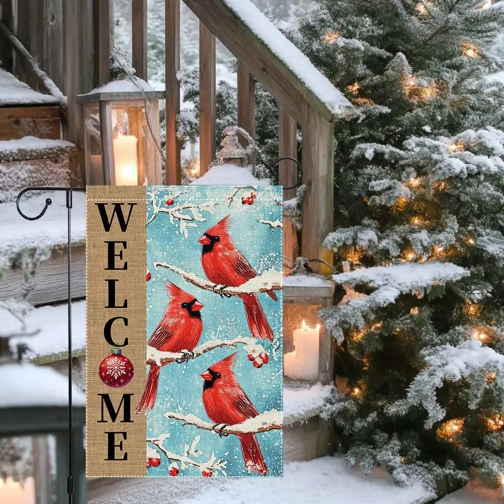 Winter Cardinals Garden Flag 12x18 Inch Double Sided Burlap Snow Welcome Sign Small Outdoor Yard Decoration UUL EEZ