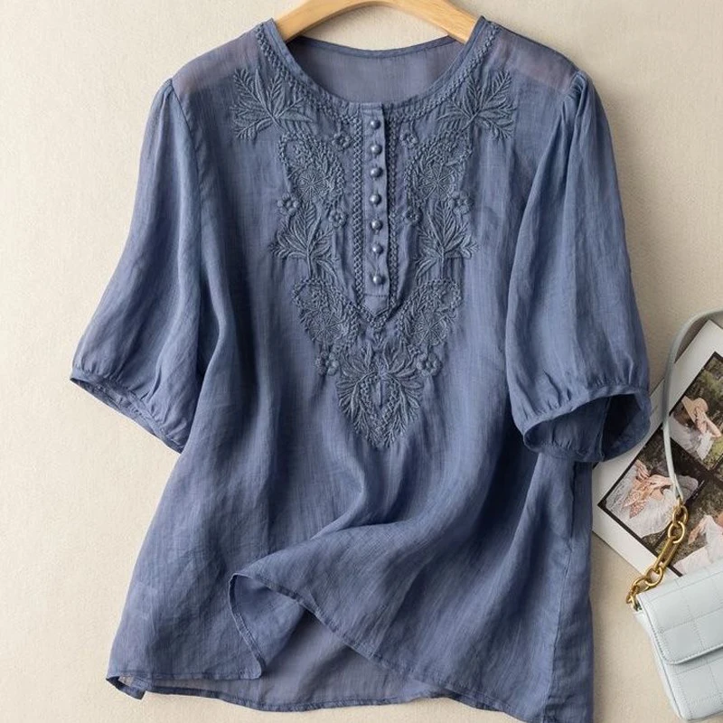 Women Retro Embroidery Chic Loose Solid Shirts Summer Casual Round Neck Short Sleeve Cotton Linen Comfortable Blouse Top Blusas