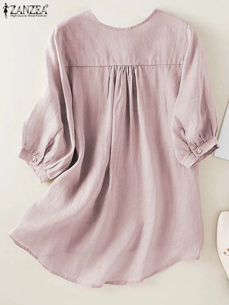 ZANZEA 2024 Summer Half Sleeve Fashion Solid V-neck Tops Oversize Women Casual Blouse Shirts Embroidery Stitching Tunic Femme