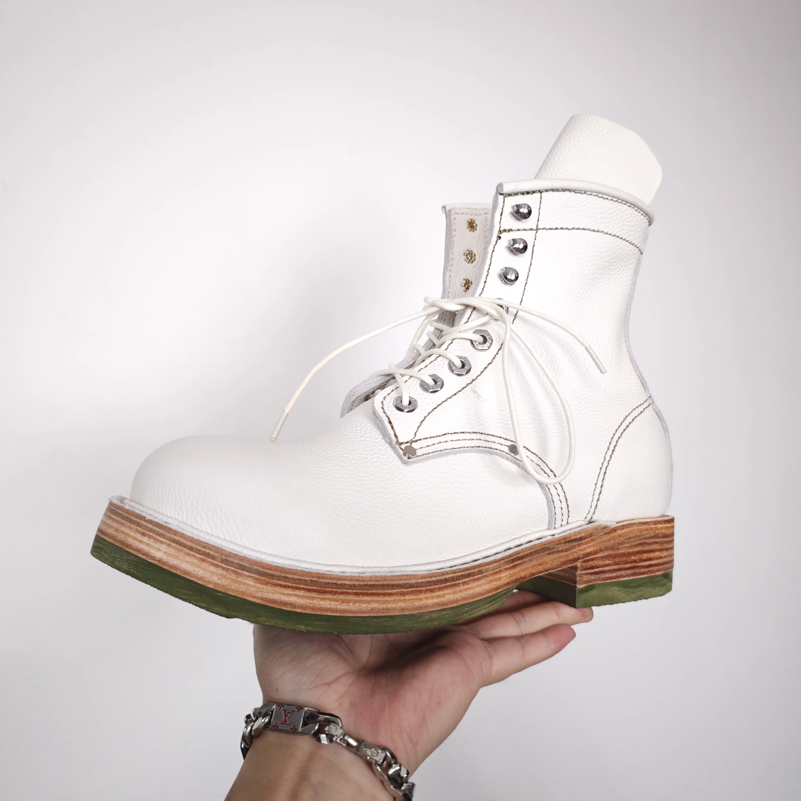 AP801 Men High Top Leather Work Boots Goodyear Welt Boots Amekaji Retro Style Motorcycle Riding Non‑Slip Thick Sole