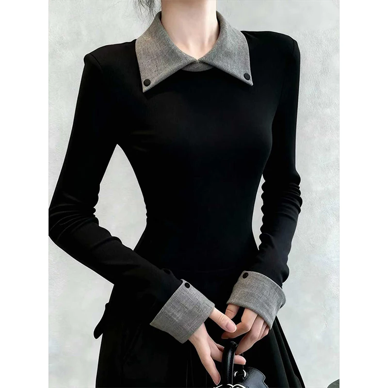MEXZT Streetwear Black T Shirts Women Fashion Patchwork Fleece Tops Korean Long Sleeve Tees Autumn Winter Slim Design Clothes