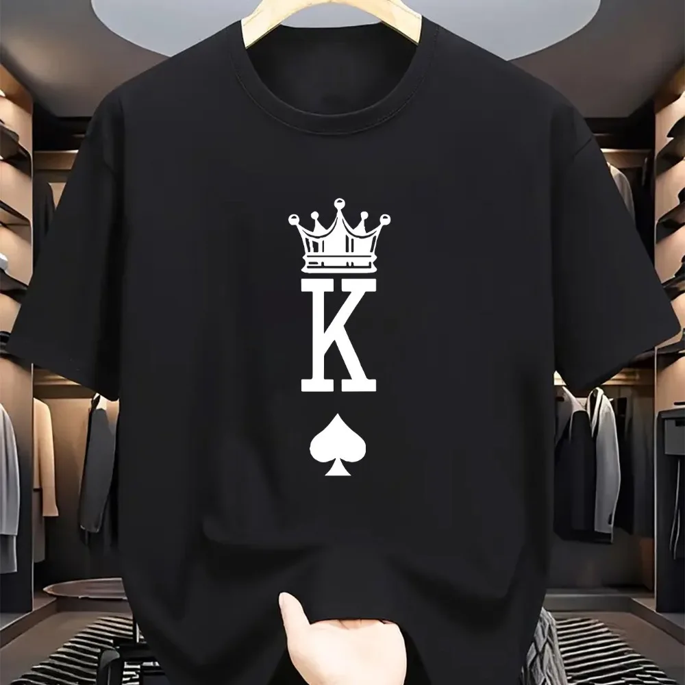 100% Pure Cotton Men's Casual Loose Fashionable Poker Card K Pattern Print Breathable Sports Short Sleeved Round Neck T-shirt
