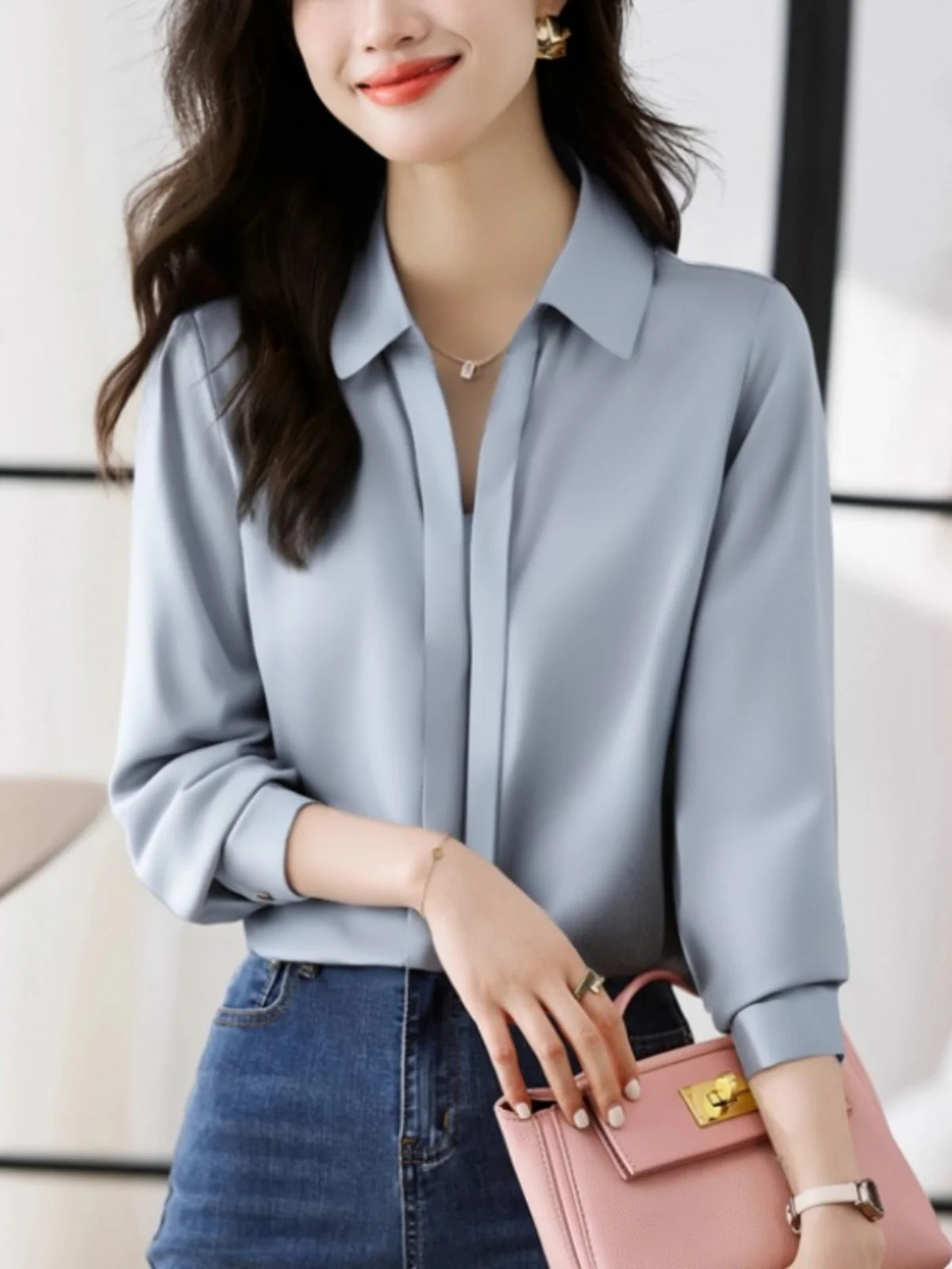 

Silk Satin White Long Sve irt Women's Collar Base Layer Top Spring Autumn New Sle Versatile High End Feeling