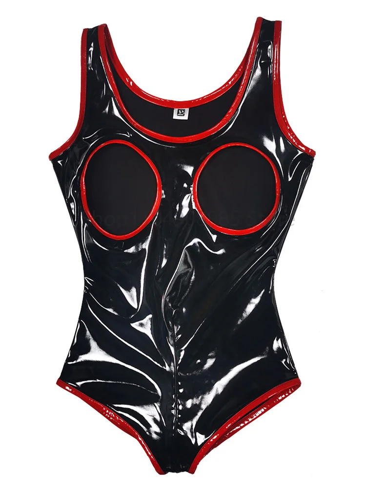 

Sleeveless PVC Catsuit Shiny PU Leather Zipper Open Crotch Bodysuit Hollow Out Swimsuit Tights Sexy Body Teddies