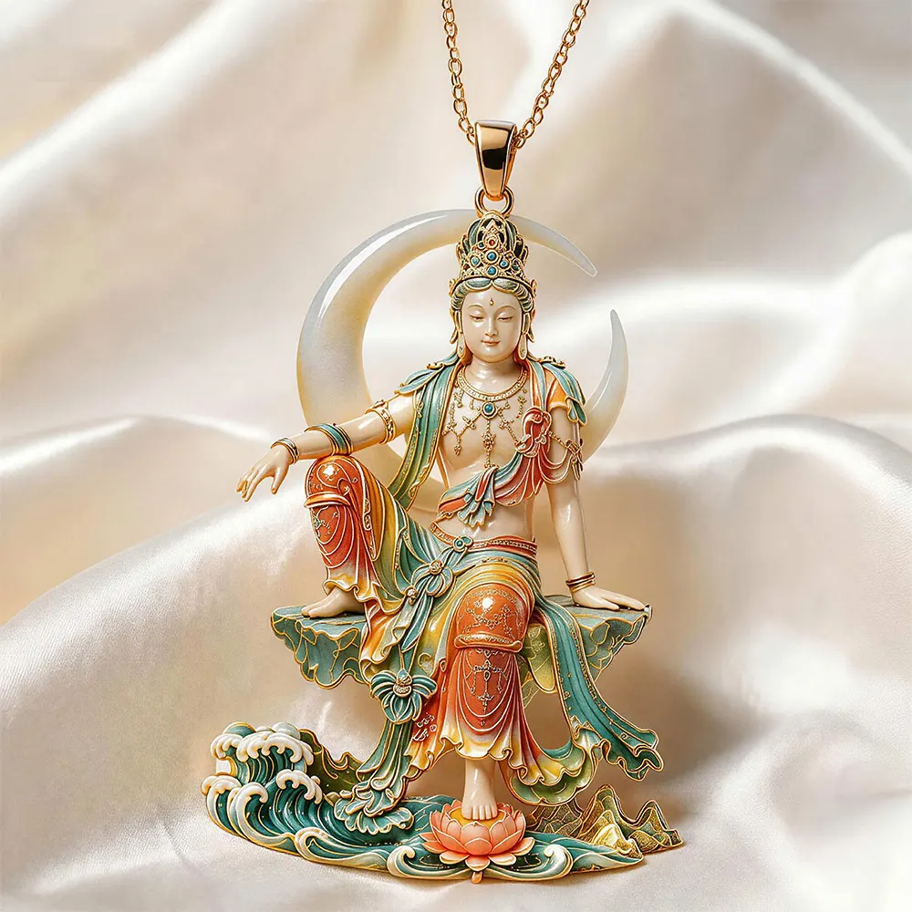 Luxury Enamel Guanyin Pendant Water Moon Kwan Yin Amulet Exquisitely Carved Vibrant Lustrous Buddha Protection Jewelry Men Women