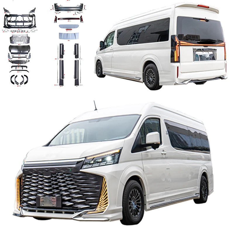 High Quality Hiace Van Full Exterior Retrofit Body Kit 2024 Upgrade Front Rear Bumper Hood Headlight Taillight Parts