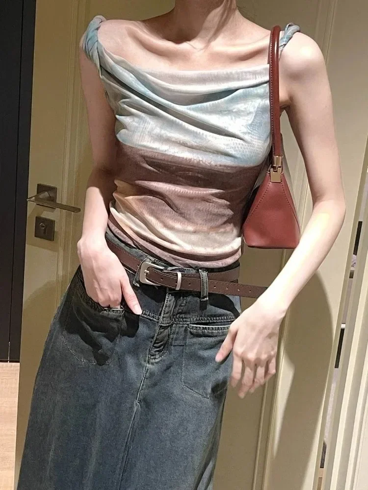 2024 Ropa Mujer Y2k Tops Fashion Summer Korean Camis Tie-dye Gauze Backless Vest Harajuku Irregular Crop Tanks Women Clothes