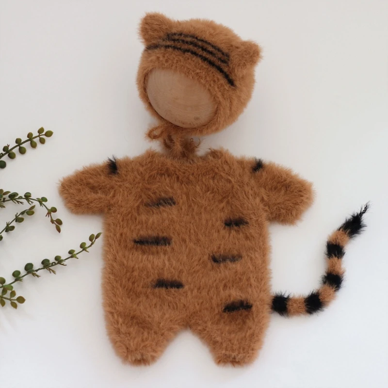 1Set Newborn Photography Props Clothes Tiger Baby Jumpsuit + Hat Kit Knitted Wool Photo Shooting Costume Baby Studio Accessories