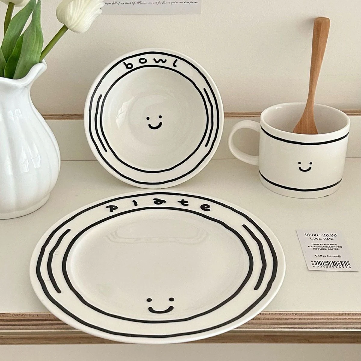 Korean Style Smiley Face Ceramic Cup | Cute Doodle Grid Bowls, Plates & Coffee Mugs | Ins Popular Cartoon Aesthetic Dinnerware